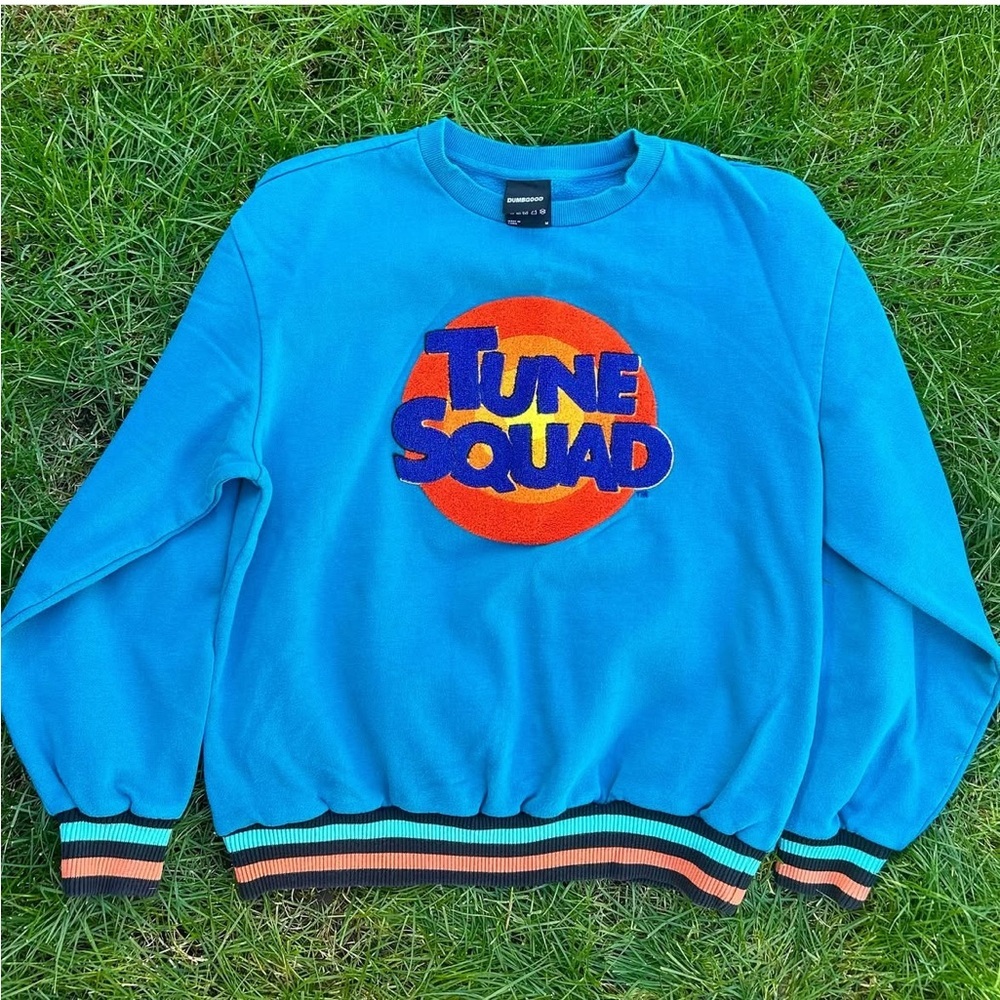Vintage Oversized Tune Squad Turquoise Blue Graphic Embroidered Crewneck Sweater
